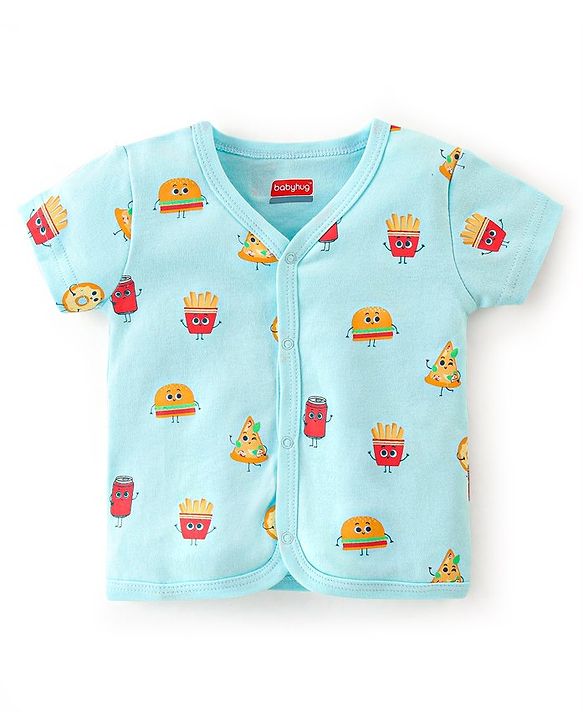 Babyhug 100% Cotton Half Sleeves Vests Stripes & Fries Print Pack of 3- Grey Blue & Yellow