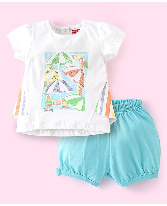 Babyhug 100% Cotton Knit Half Sleeves Top and Shorts Set Umbrella Print - White & Blue