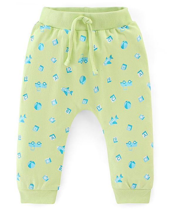 Babyhug Cotton Full Length Diaper Pants Stripes & Bear Print Pack of 3 - Orange Blue & Green