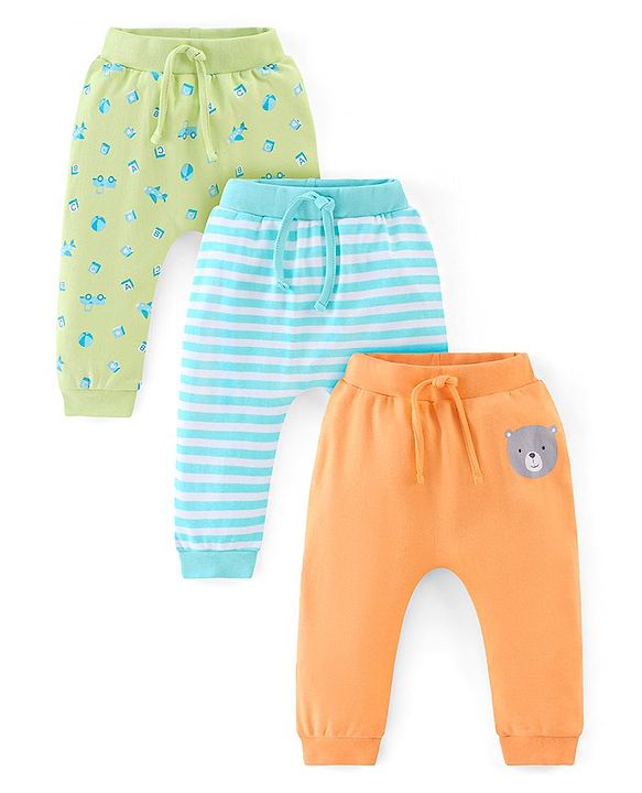 Babyhug Cotton Full Length Diaper Pants Stripes & Bear Print Pack of 3 - Orange Blue & Green