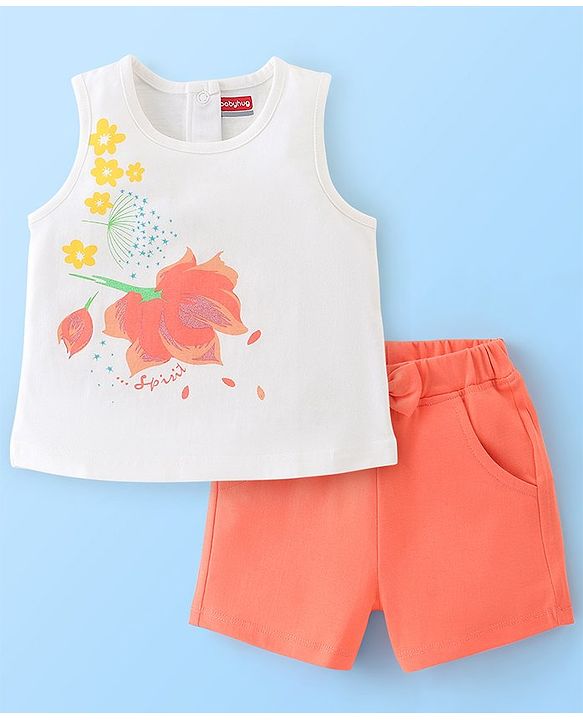 Babyhug 100% Cotton Sleeveless Top & Shorts Set Floral Print - White & Peach