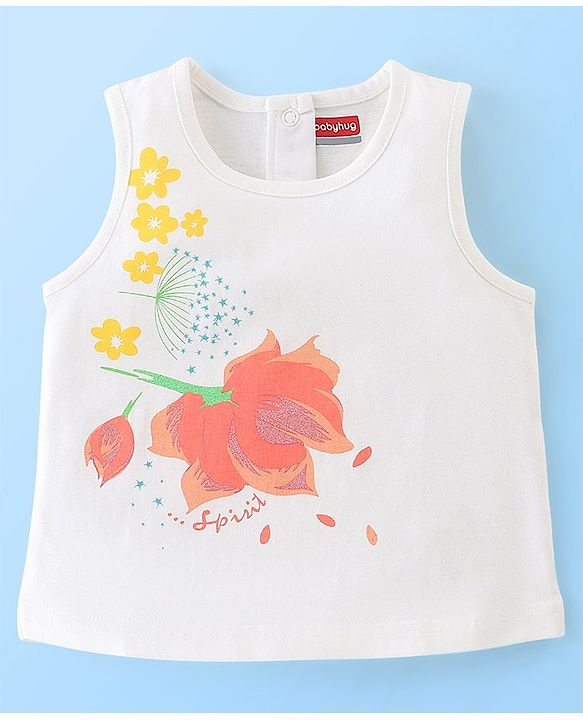 Babyhug 100% Cotton Sleeveless Top & Shorts Set Floral Print - White & Peach