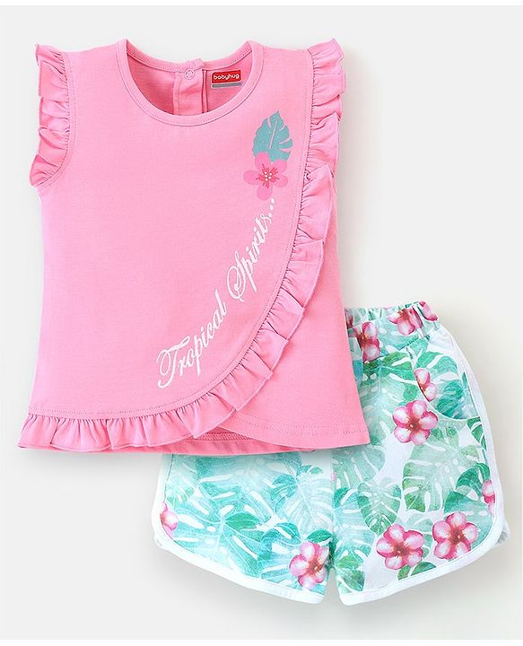 Babyhug 100% Cotton Single Jersey Knit Frill Sleeves Top & Shorts Set Floral Print - Pink & White