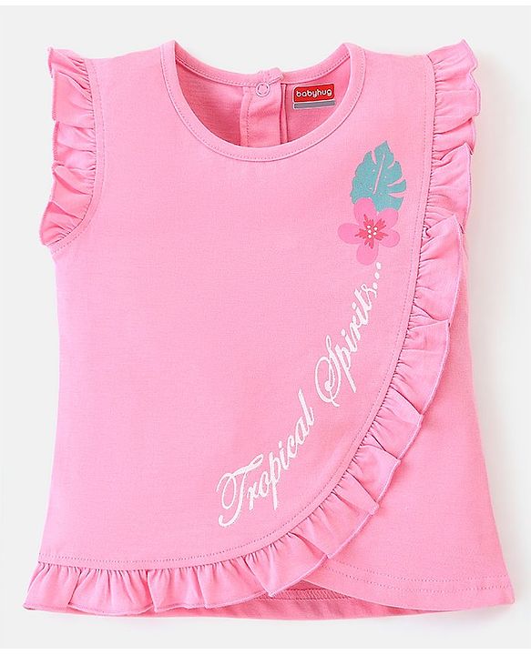 Babyhug 100% Cotton Single Jersey Knit Frill Sleeves Top & Shorts Set Floral Print - Pink & White