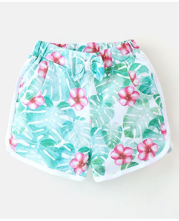 Babyhug 100% Cotton Single Jersey Knit Frill Sleeves Top & Shorts Set Floral Print - Pink & White