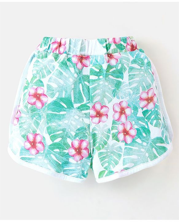 Babyhug 100% Cotton Single Jersey Knit Frill Sleeves Top & Shorts Set Floral Print - Pink & White
