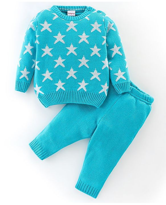 Babyhug Knit Full Sleeves Star Print Baby Sweater Sets - Blue