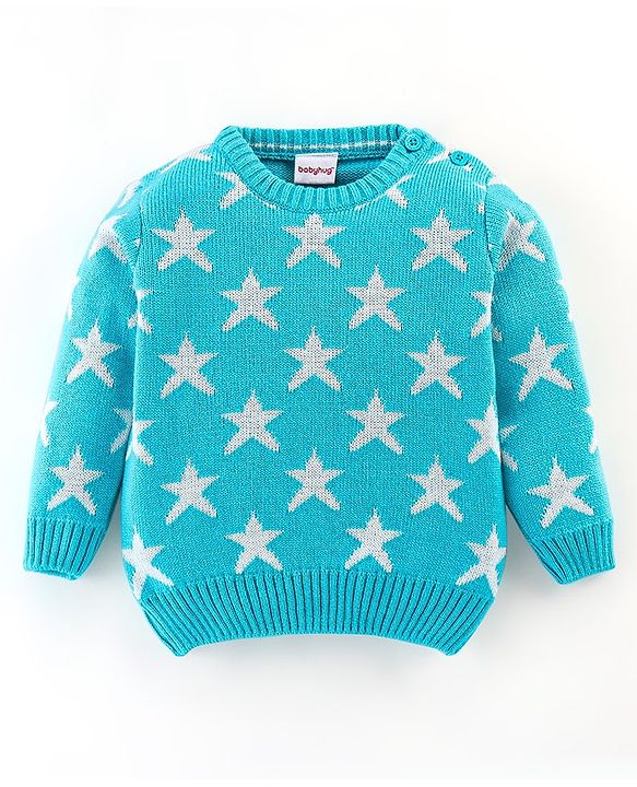Babyhug Knit Full Sleeves Star Print Baby Sweater Sets - Blue