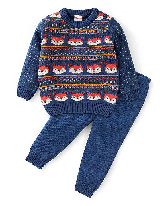 Babyhug Knit Full Sleeves Sweater Set With Fox Design - Navy Blue