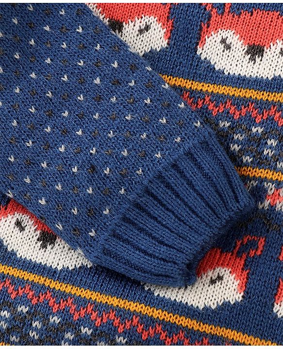 Babyhug Knit Full Sleeves Sweater Set With Fox Design - Navy Blue