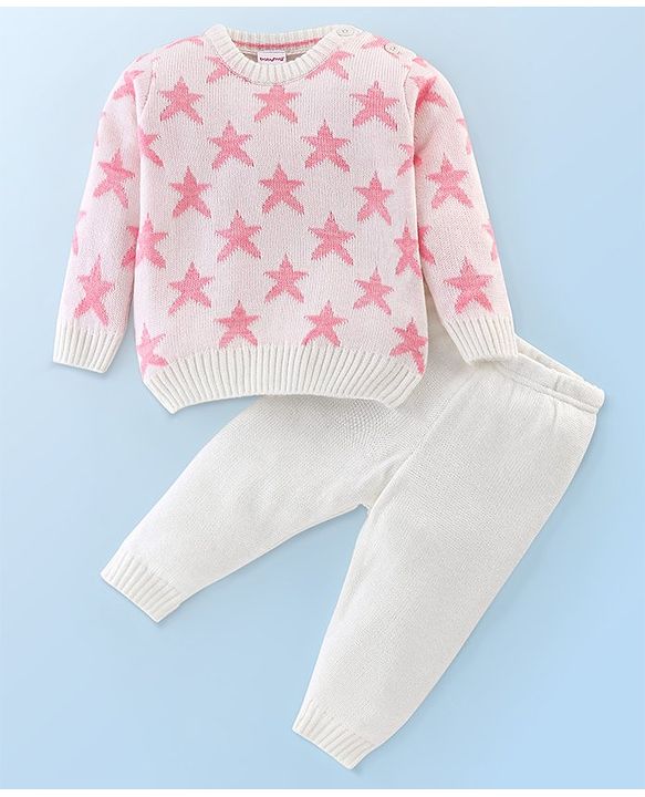 Babyhug Knit Full Sleeves Star Print Baby Sweater Sets - OffWhite