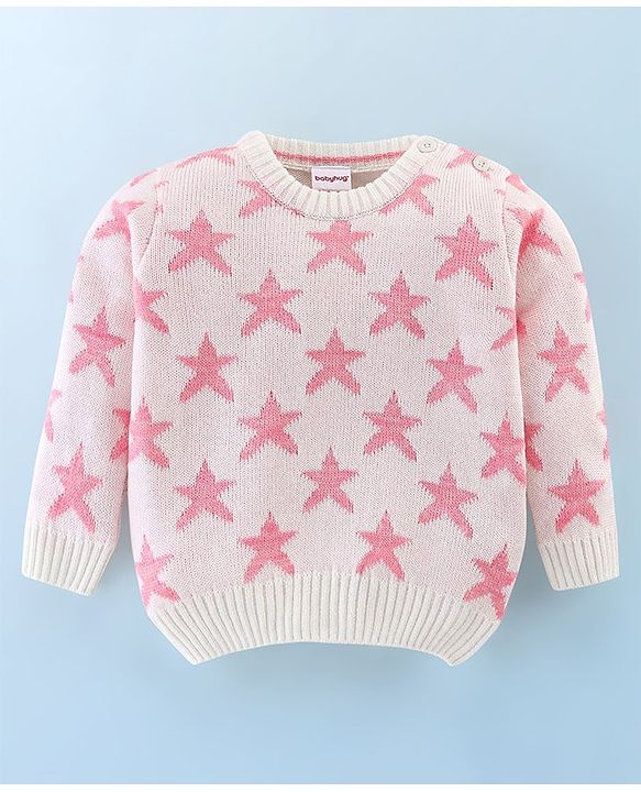 Babyhug Knit Full Sleeves Star Print Baby Sweater Sets - OffWhite