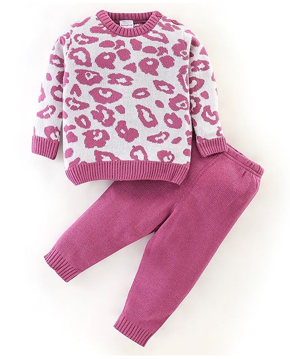 Babyhug Knit Full Sleeves Printed Baby Sweater Sets - Pink