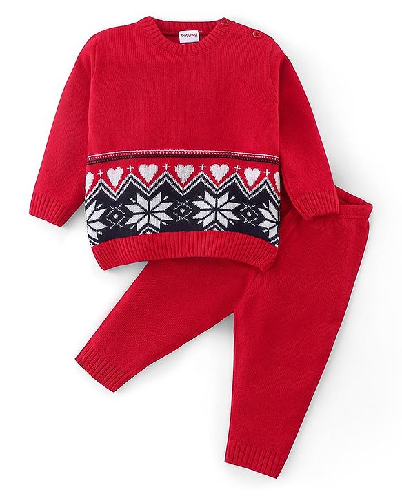 Babyhug Knit Full Sleeves Sweater Set with Flower Design - Red