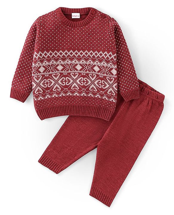 Babyhug Full Sleeves Sweater Set With Ikat Print - Red