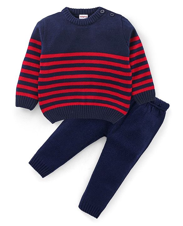 Babyhug Full Sleeves Striped Baby Sweater Set - Red & Navy