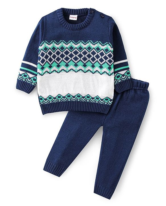 Babyhug Full Sleeves Sweater Set with Chevron Design - Navy Blue