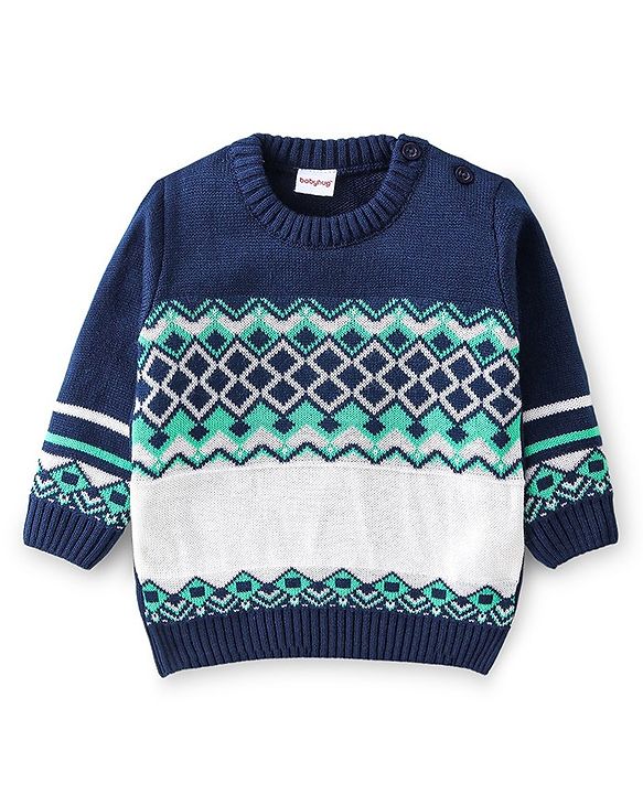 Babyhug Full Sleeves Sweater Set with Chevron Design - Navy Blue