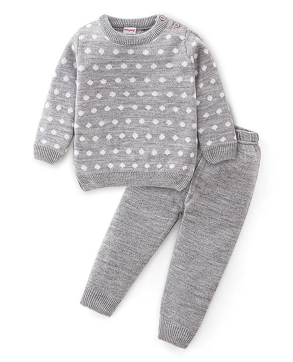 Babyhug Knitted Full Sleeves Polka Dots Design Sweater Set - Grey