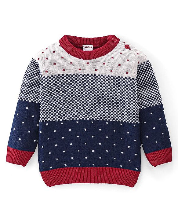 Babyhug Knitted Full Sleeves Checks & Design Sweater Set - Multicolour