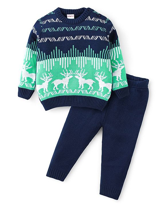 Babyhug Knitted Full Sleeves Sweater Set with Reindeer Design - Navy Blue & Green