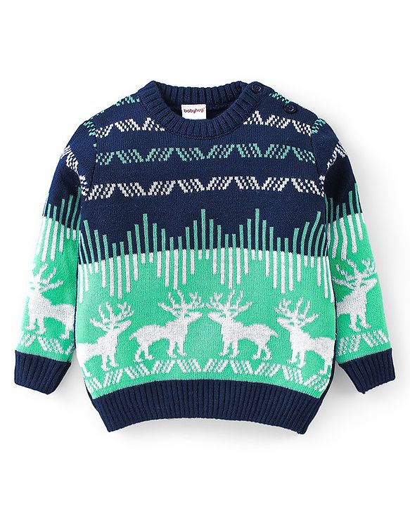 Babyhug Knitted Full Sleeves Sweater Set with Reindeer Design - Navy Blue & Green