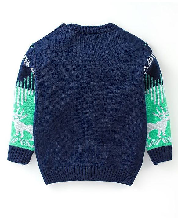 Babyhug Knitted Full Sleeves Sweater Set with Reindeer Design - Navy Blue & Green