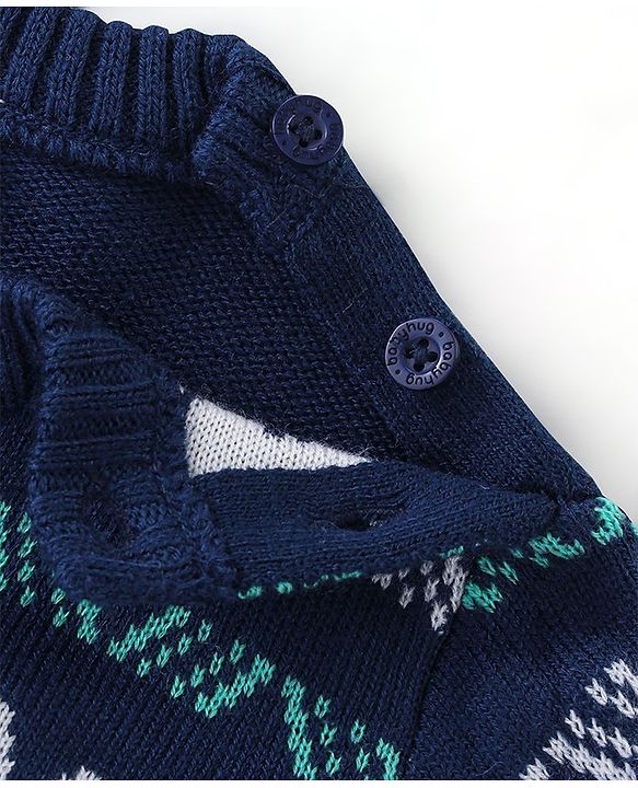 Babyhug Knitted Full Sleeves Sweater Set with Reindeer Design - Navy Blue & Green
