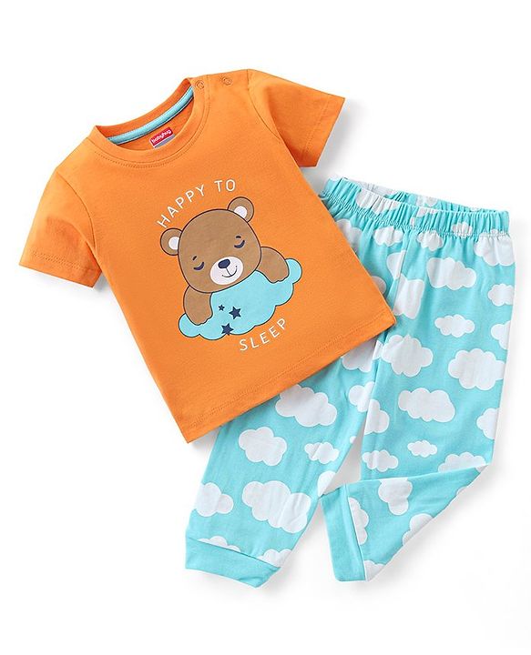 Babyhug Cotton Half Sleeves Night Suit Bear & Cloud Print- Orange & Blue