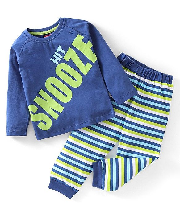 Babyhug Cotton Full Sleeves Night Suit Stripes & Text Print - Blue & Yellow
