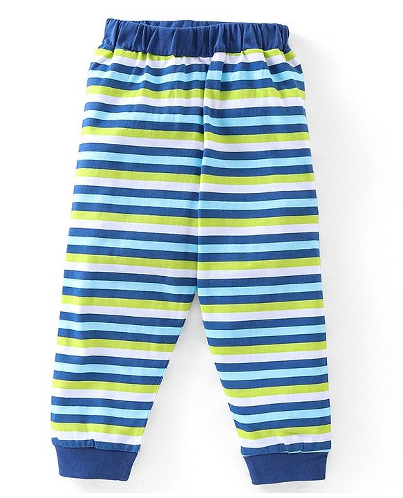 Babyhug Cotton Full Sleeves Night Suit Stripes & Text Print - Blue & Yellow