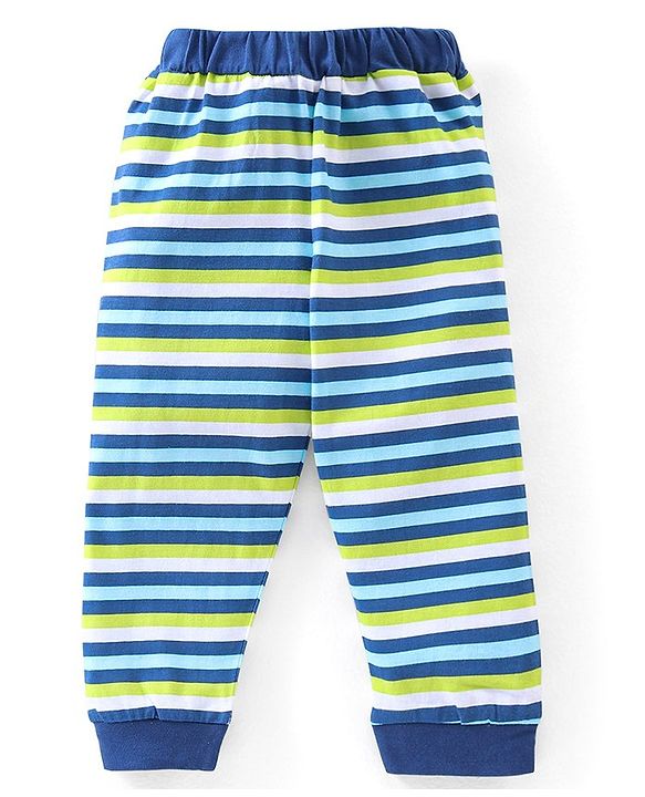 Babyhug Cotton Full Sleeves Night Suit Stripes & Text Print - Blue & Yellow