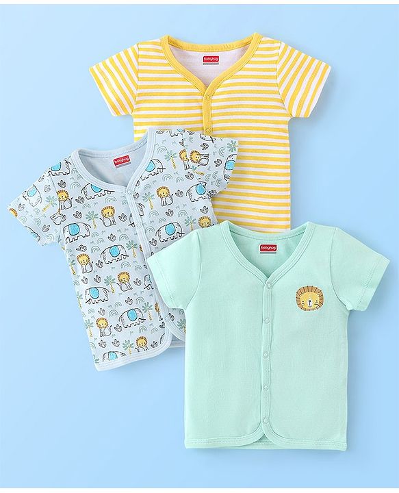 Babyhug 100% Cotton Knit Half Sleeves Front Open Vest Stripes & Jungle Print Pack of 3 - Yellow & Blue