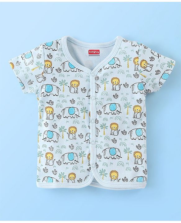 Babyhug 100% Cotton Knit Half Sleeves Front Open Vest Stripes & Jungle Print Pack of 3 - Yellow & Blue