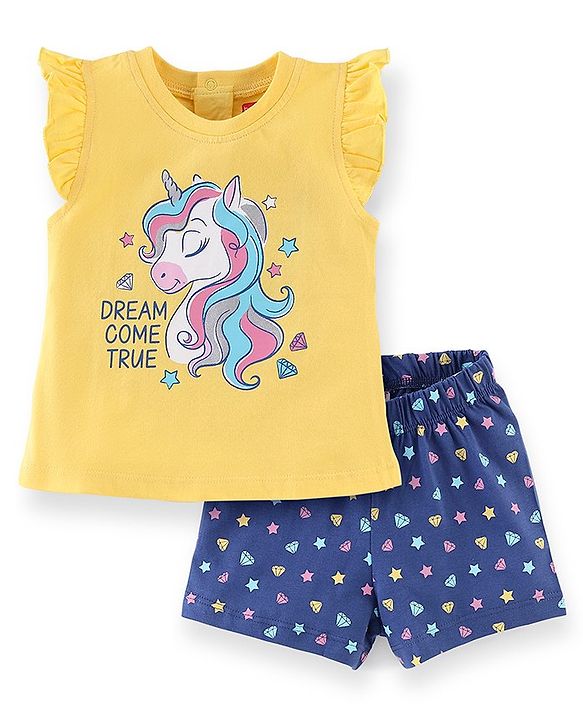 Babyhug Cotton Knit Half Sleeves Night Unicorn Print - Yellow