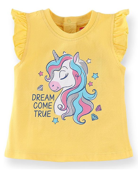 Babyhug Cotton Knit Half Sleeves Night Unicorn Print - Yellow