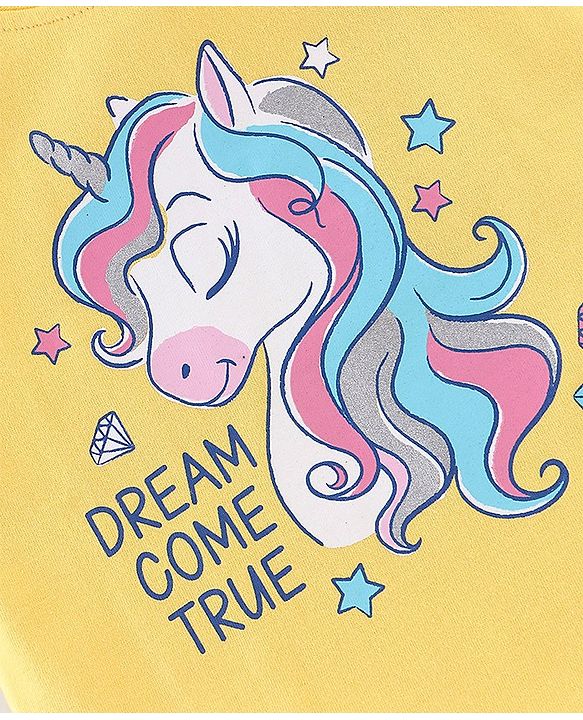 Babyhug Cotton Knit Half Sleeves Night Unicorn Print - Yellow