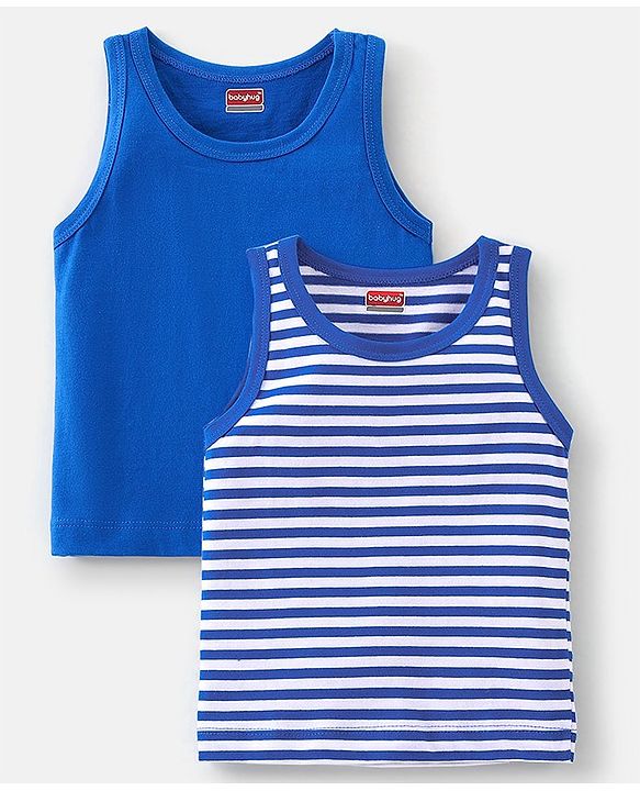 Babyhug 100% Cotton Knit Sleeveless Solid & Striped Sando Pack of 2 - Blue