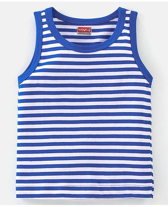 Babyhug 100% Cotton Knit Sleeveless Solid & Striped Sando Pack of 2 - Blue
