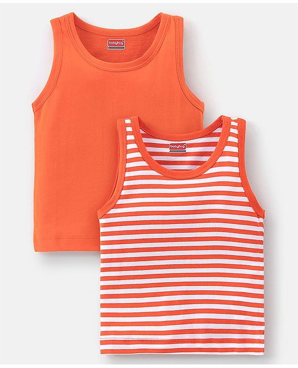 Babyhug 100% Cotton Knit Sleeveless Solid & Striped Sando Pack of 2 - Orange