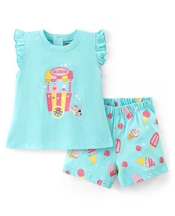 Babyhug Single Jersey Half Sleeves Night Suit Kitty Print - Blue