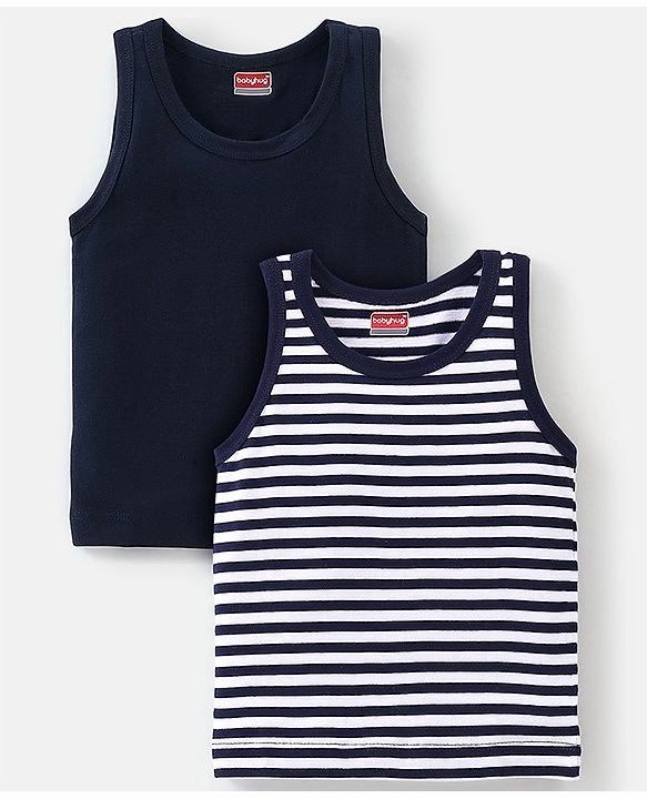 Babyhug 100% Cotton Knit Sleeveless Solid & Striped Sando Pack of 2 - Navy Blue