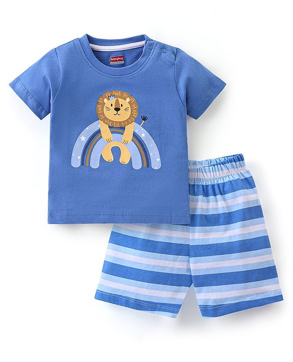 Babyhug Cotton Half Sleeves Night Suit Lion & Stripes Print- Blue