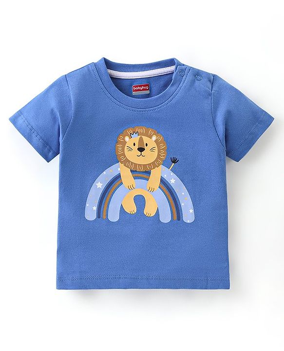 Babyhug Cotton Half Sleeves Night Suit Lion & Stripes Print- Blue