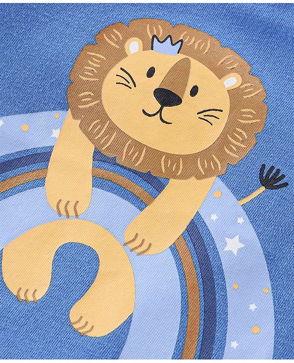 Babyhug Cotton Half Sleeves Night Suit Lion & Stripes Print- Blue