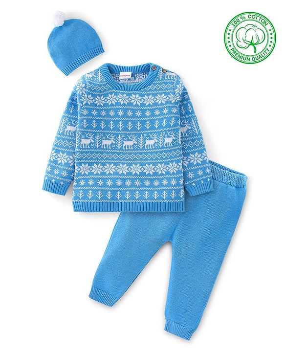 Babyhug Organic Cotton Knit Full Sleeves Sweater Set with Cap Reindeer Design - Blue