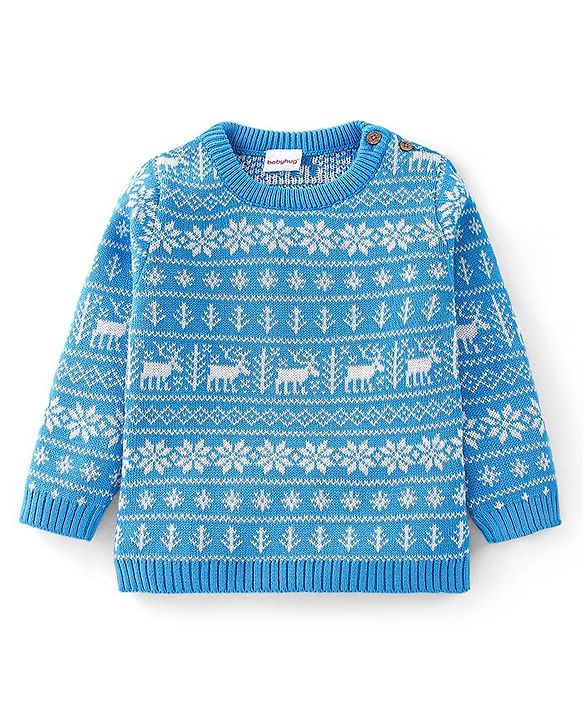 Babyhug Organic Cotton Knit Full Sleeves Sweater Set with Cap Reindeer Design - Blue