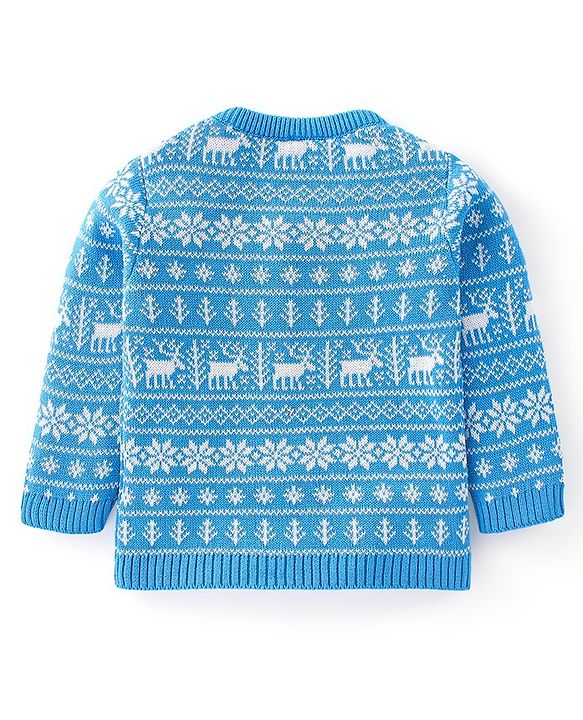Babyhug Organic Cotton Knit Full Sleeves Sweater Set with Cap Reindeer Design - Blue