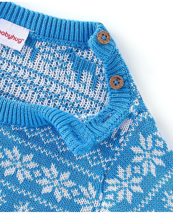 Babyhug Organic Cotton Knit Full Sleeves Sweater Set with Cap Reindeer Design - Blue