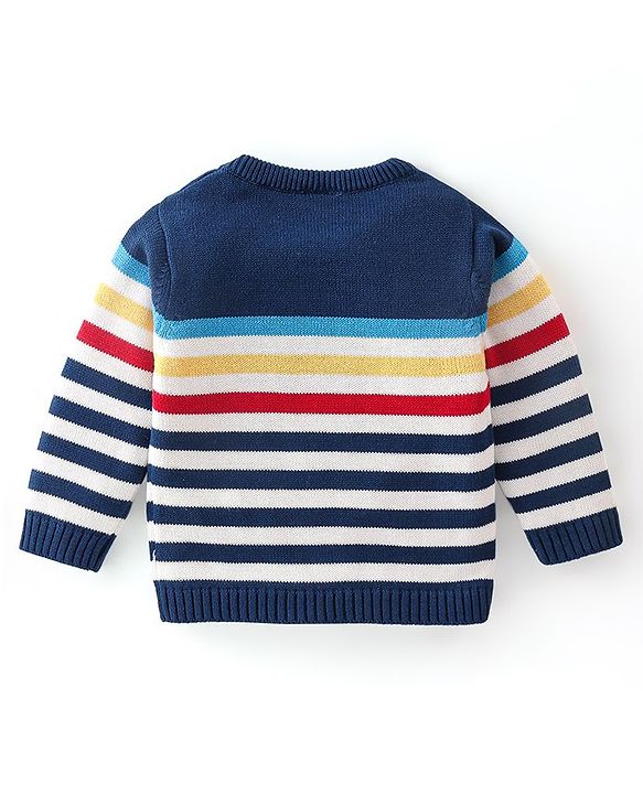 Babyhug Organic Full Sleeves Baby Sweater Set Striped with Cap - Navy Blue